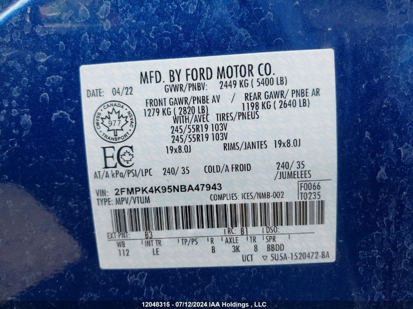 2022 Ford Edge Titanium VIN: 2FMPK4K95NBA47943 Lot: 12048315