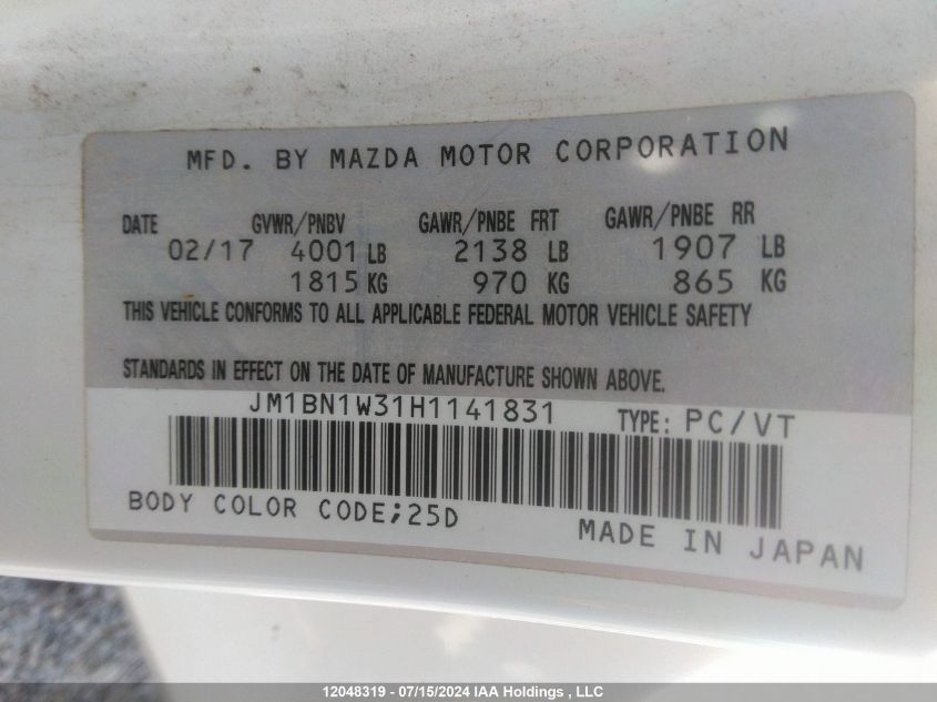 2017 Mazda Mazda3 VIN: JM1BN1W31H1141831 Lot: 12048319