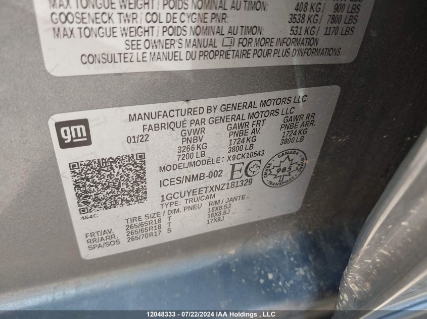 2022 Chevrolet Silverado 1500 Ltd VIN: 1GCUYEETXNZ181329 Lot: 12048333