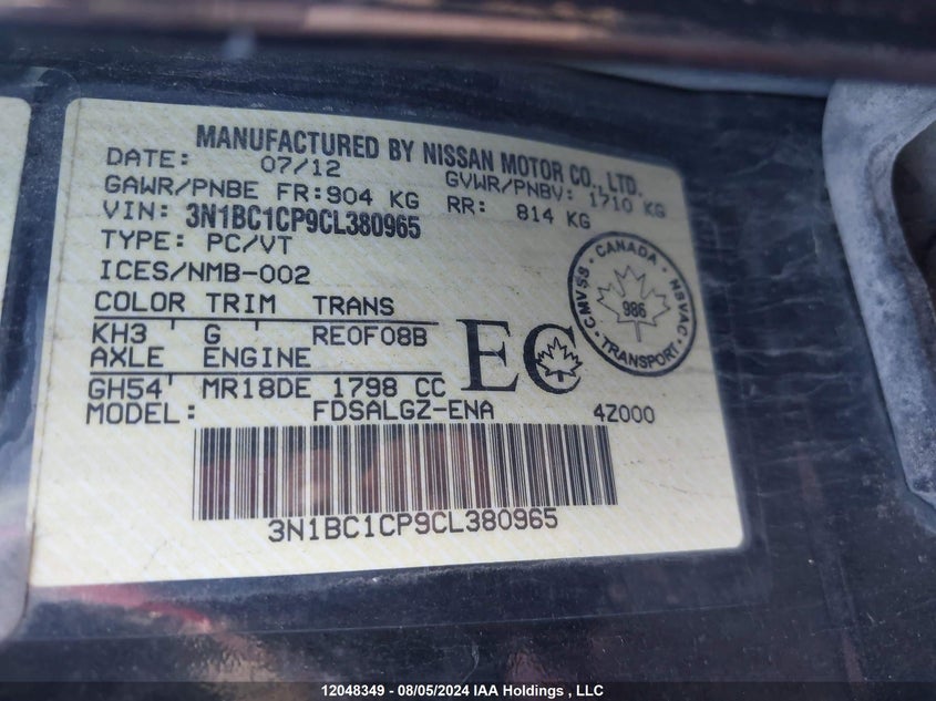 2012 Nissan Versa S/Sl VIN: 3N1BC1CP9CL380965 Lot: 12048349