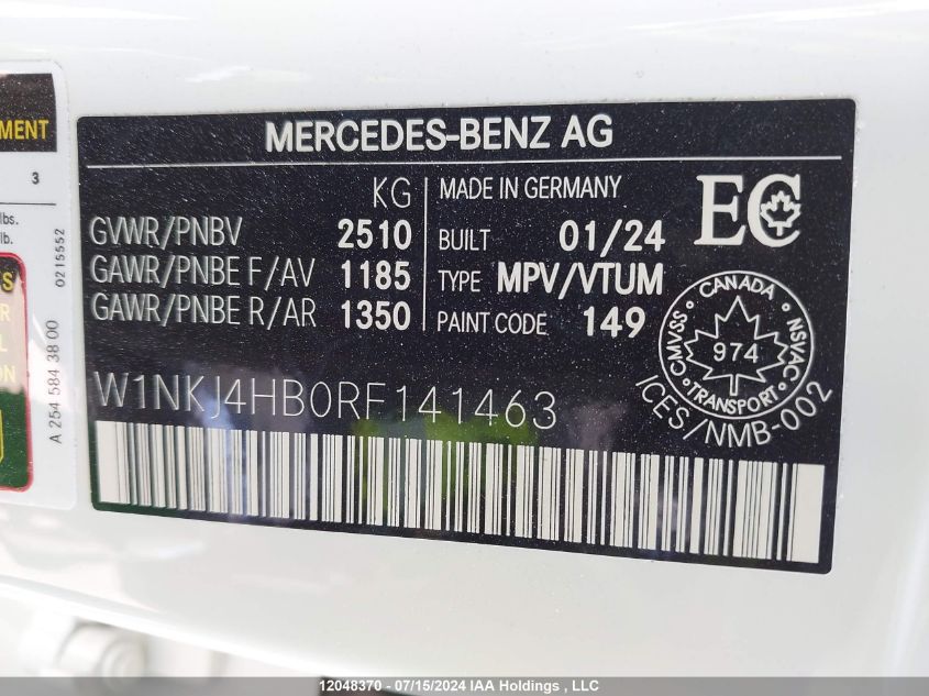 2024 Mercedes-Benz Glc VIN: W1NKJ4HB0RF141463 Lot: 12048370