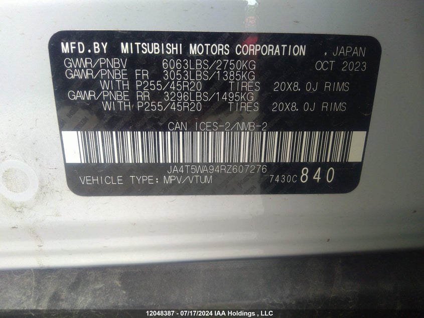 2024 Mitsubishi Outlander Phev VIN: JA4T5WA94RZ607276 Lot: 12048387