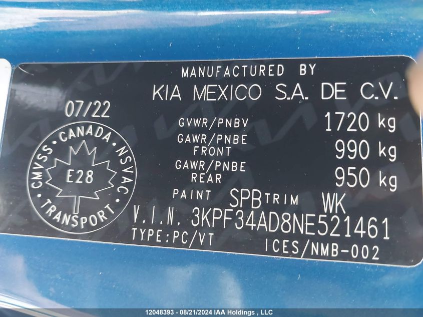 2022 Kia Forte VIN: 3KPF34AD8NE521461 Lot: 12048393