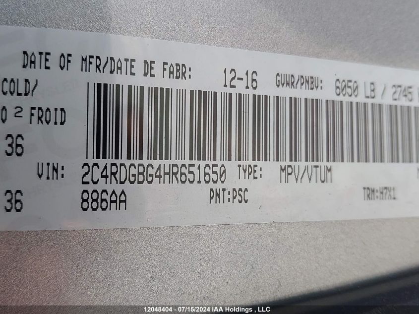 2017 Dodge Grand Caravan Se VIN: 2C4RDGBG4HR651650 Lot: 12048404
