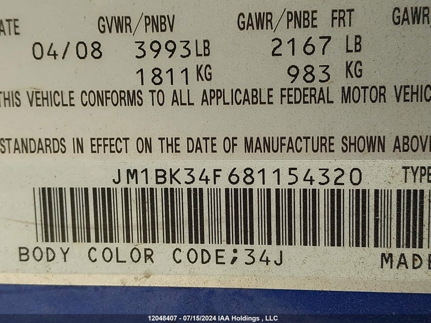 2008 Mazda Mazda3 VIN: JM1BK34F681154320 Lot: 12048407