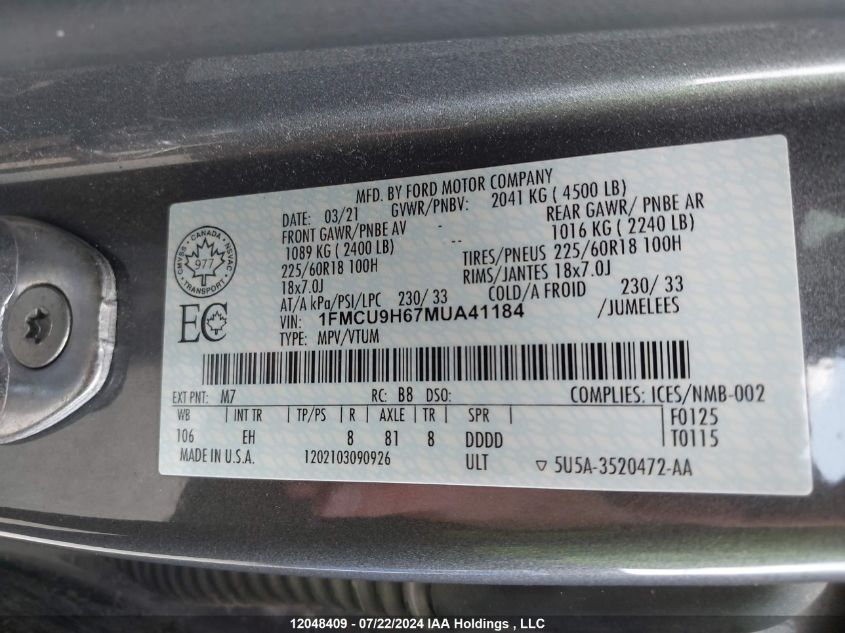 2021 Ford Escape VIN: 1FMCU9H67MUA41184 Lot: 12048409