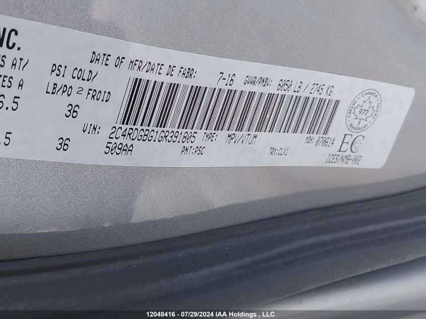 2016 Dodge Grand Caravan Se VIN: 2C4RDGBG1GR391805 Lot: 12048416