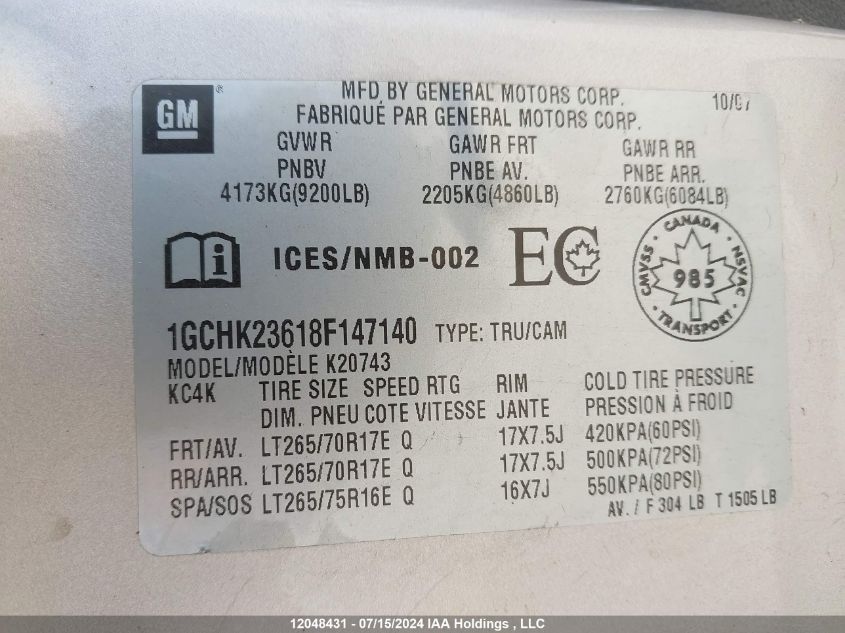 2008 Chevrolet Silverado K2500 Heavy Duty VIN: 1GCHK23618F147140 Lot: 12048431