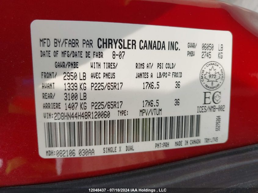 2008 Dodge Grand Caravan Se VIN: 2D8HN44H48R120060 Lot: 12048437