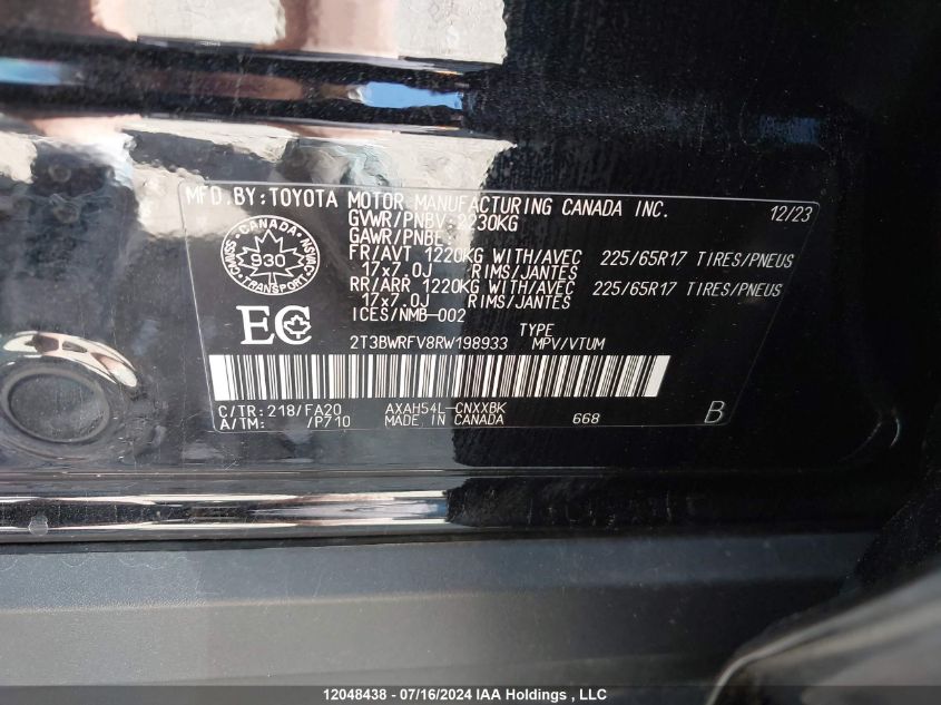 2024 Toyota Rav4 Hybrid Le VIN: 2T3BWRFV8RW198933 Lot: 12048438