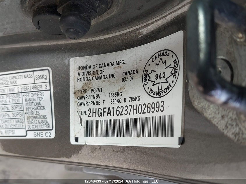 2007 Honda Civic Dx VIN: 2HGFA16237H026993 Lot: 12048439