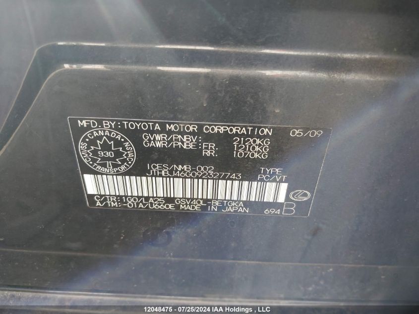 2009 Lexus Es 350 350 VIN: JTHBJ46G092327743 Lot: 12048475