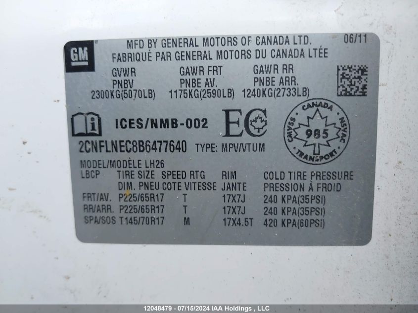 2011 Chevrolet Equinox VIN: 2CNFLNEC8B6477640 Lot: 12048479