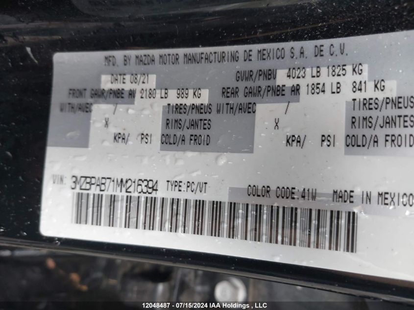 2021 Mazda Mazda3 VIN: 3MZBPAB71MM216394 Lot: 12048487