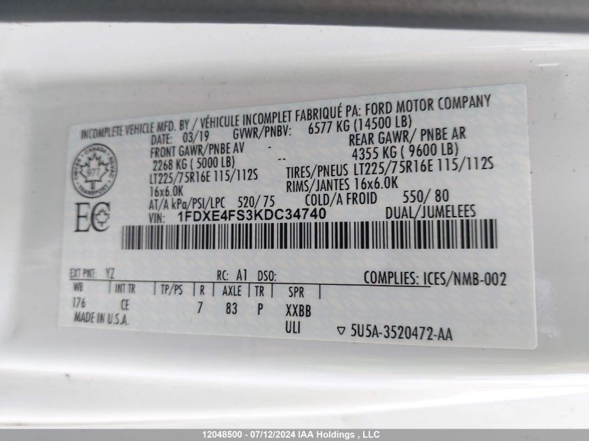 2019 Ford Econoline E450 Super Duty Cutaway Van VIN: 1FDXE4FS3KDC34740 Lot: 12048500