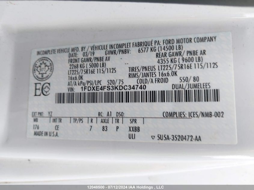 2019 Ford Econoline E450 Super Duty Cutaway Van VIN: 1FDXE4FS3KDC34740 Lot: 12048500