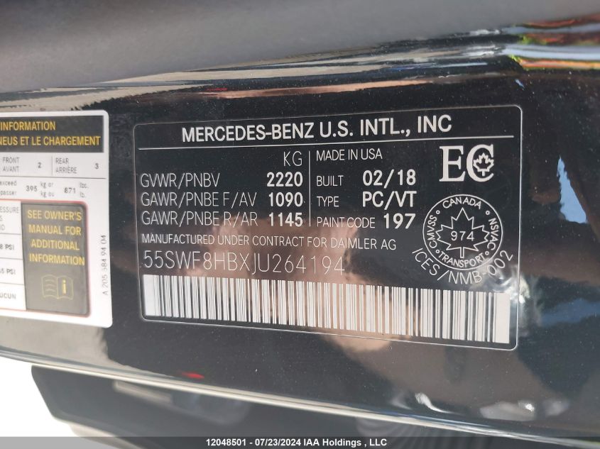 2018 Mercedes-Benz C 63 Amg-S VIN: 55SWF8HBXJU264194 Lot: 12048501