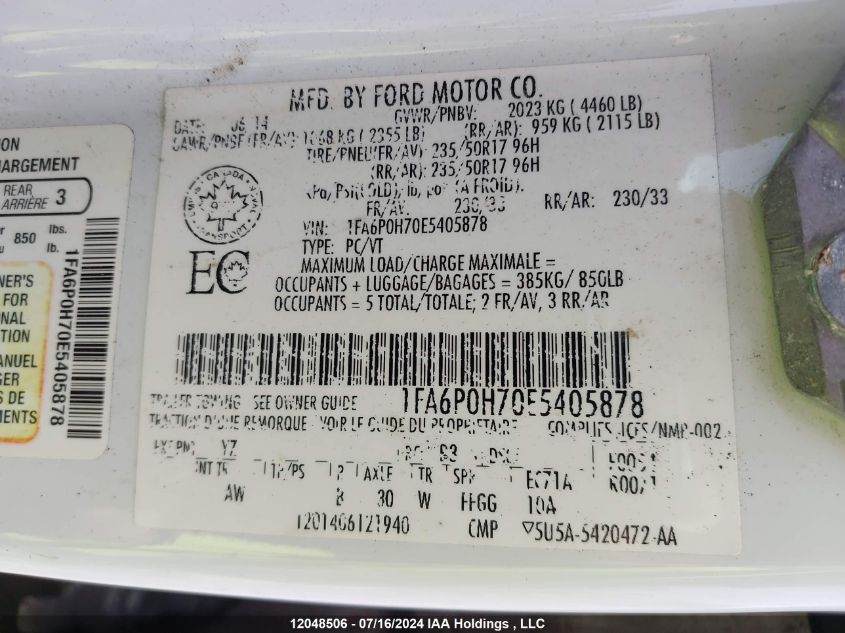 2014 Ford Fusion Se VIN: 1FA6P0H70E5405878 Lot: 12048506