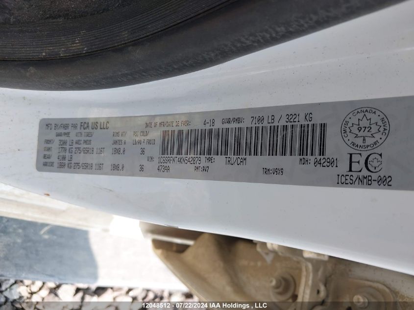 2019 Ram 1500 Tradesman VIN: 1C6SRFNT4KN542879 Lot: 12048512