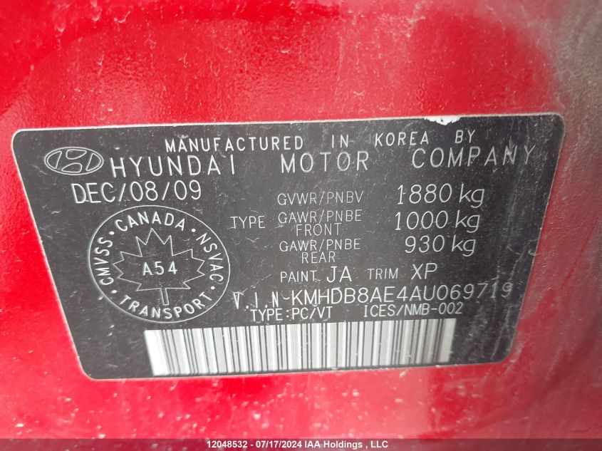 2010 Hyundai Elantra VIN: KMHDB8AE4AU069719 Lot: 12048532