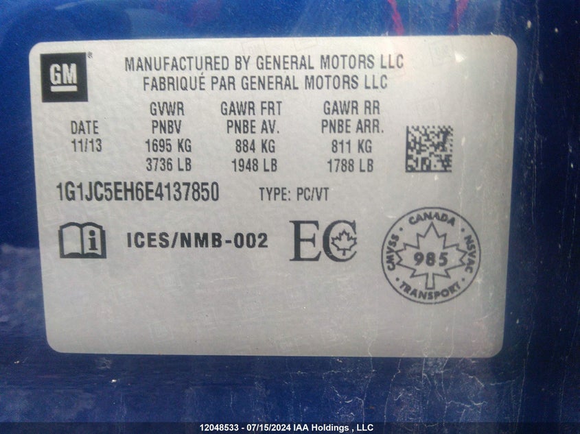 2014 Chevrolet Sonic VIN: 1G1JC5EH6E4137850 Lot: 12048533