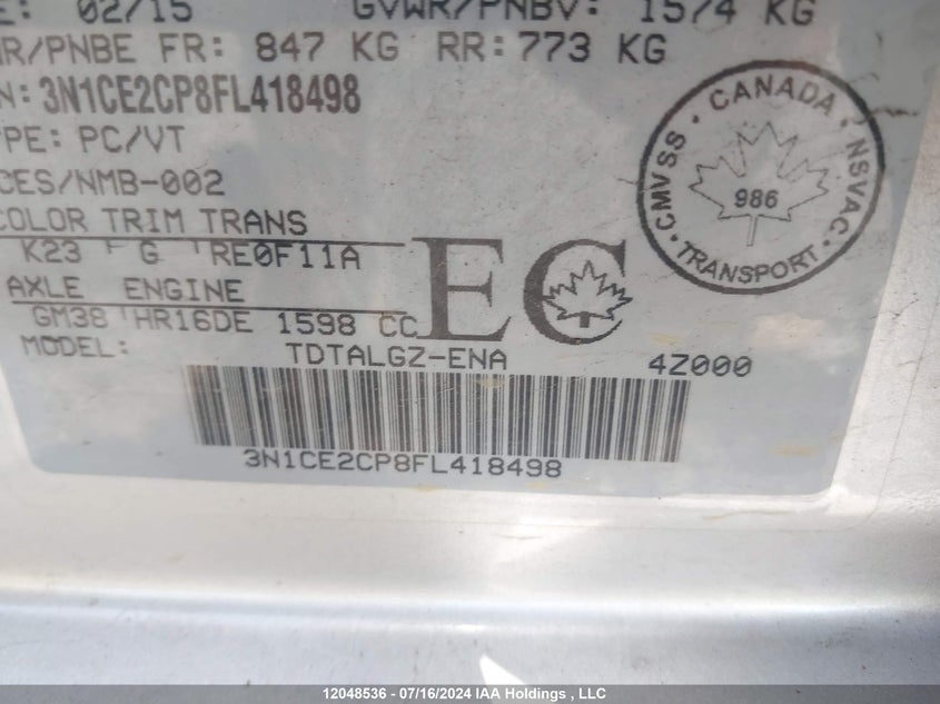 2015 Nissan Versa VIN: 3N1CE2CP8FL418498 Lot: 12048536