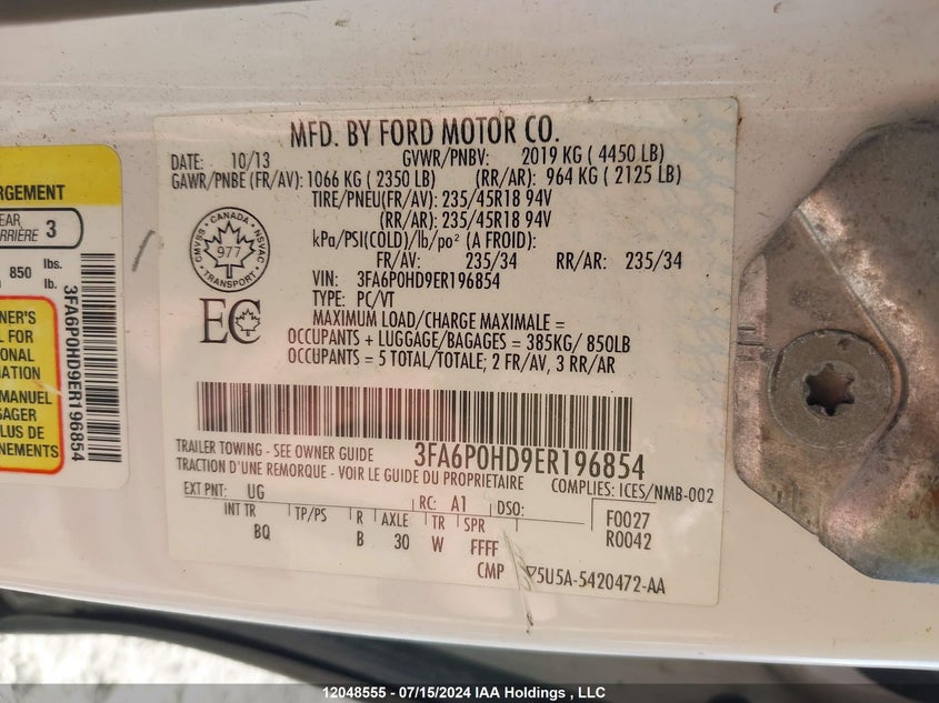 2014 Ford Fusion Se VIN: 3FA6P0HD9ER196854 Lot: 12048555