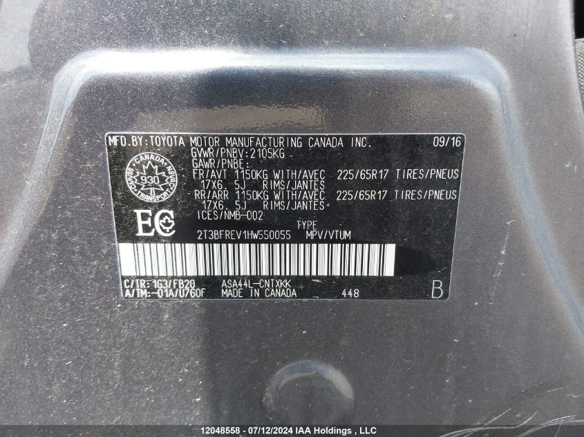 2017 Toyota Rav4 VIN: 2T3BFREV1HW550055 Lot: 12048558