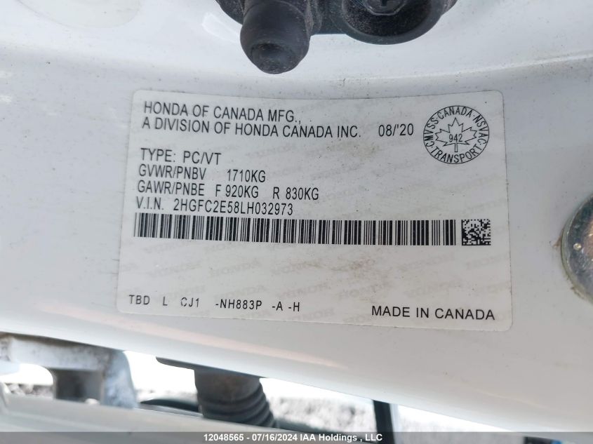 2020 Honda Civic Sedan VIN: 2HGFC2E58LH032973 Lot: 12048565