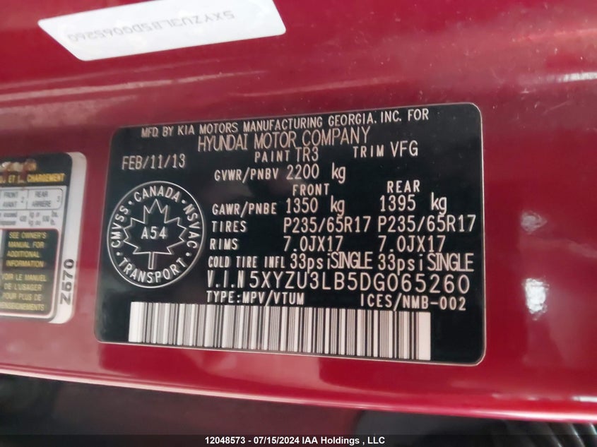 2013 Hyundai Santa Fe Sport 2.4 Premium VIN: 5XYZU3LB5DG065260 Lot: 12048573