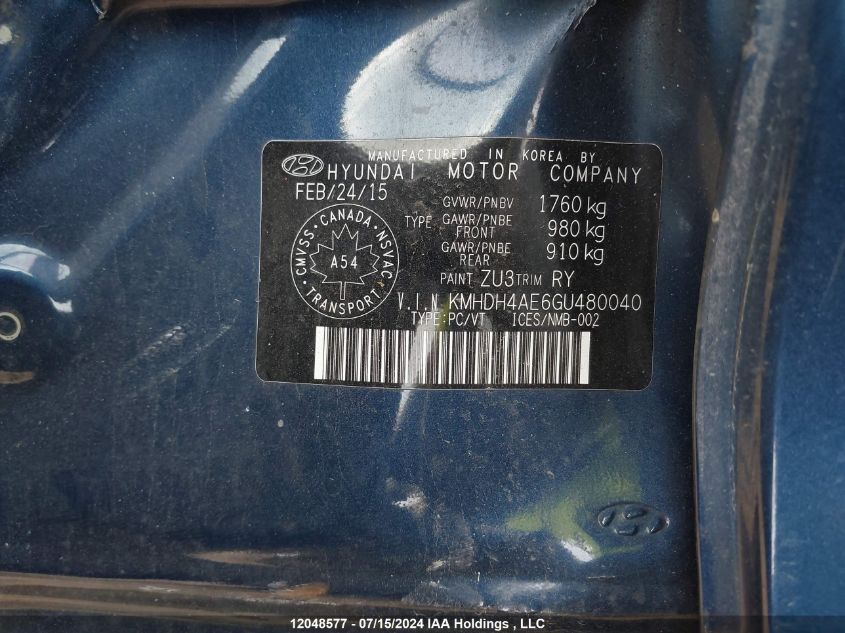 2016 Hyundai Elantra Sport Appearance VIN: KMHDH4AE6GU480040 Lot: 12048577