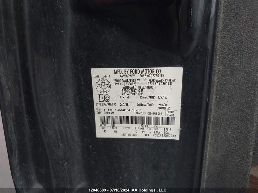 2011 Ford F150 VIN: 1FTMF1CM3BKD50203 Lot: 12048589