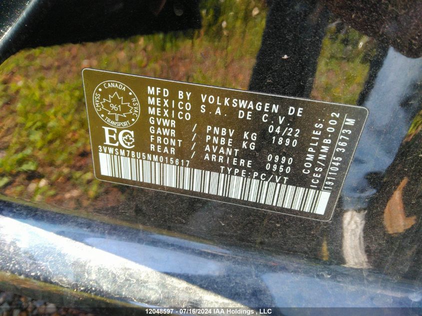 2022 Volkswagen Jetta VIN: 3VWSM7BU5NM015617 Lot: 12048597