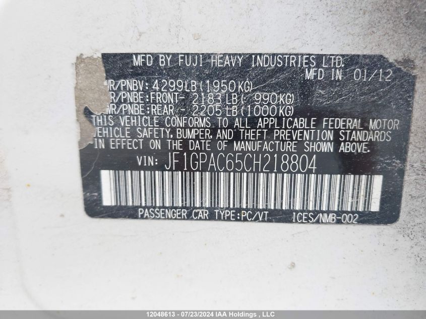 2012 Subaru Impreza VIN: JF1GPAC65CH218804 Lot: 12048613