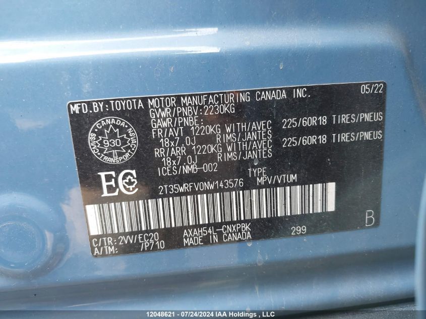 2022 Toyota Rav4 Hybrid VIN: 2T35WRFV0NW143576 Lot: 12048621