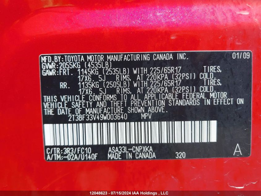 2009 Toyota Rav4 VIN: 2T3BF33V49W003640 Lot: 12048623