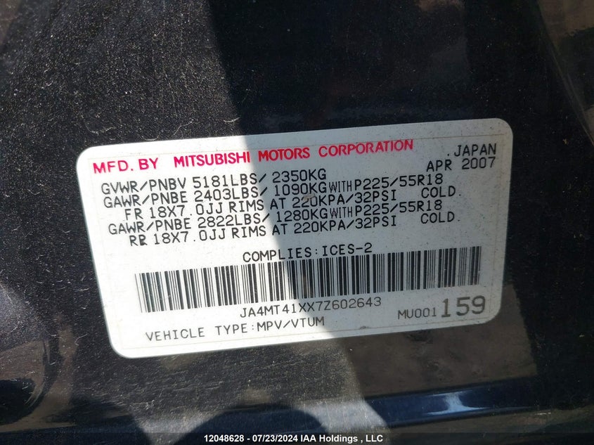 2007 Mitsubishi Outlander VIN: JA4MT41XX7Z602643 Lot: 12048628