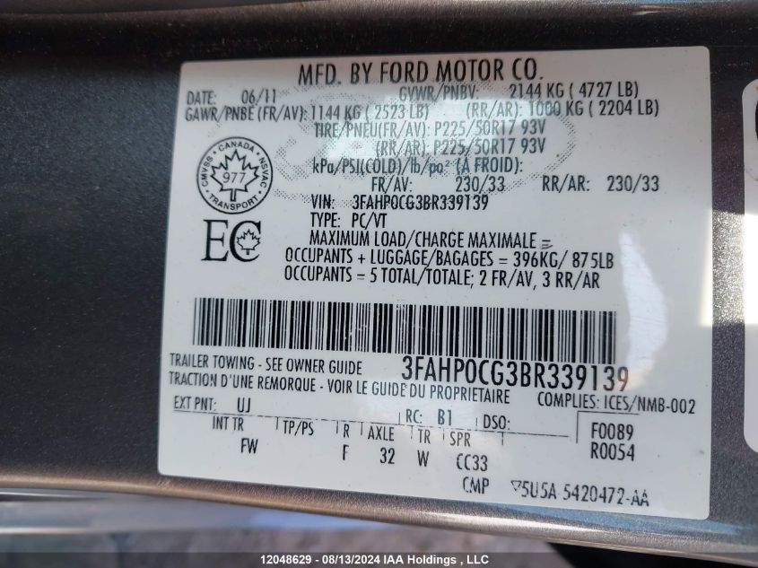 2011 Ford Fusion Sel VIN: 3FAHP0CG3BR339139 Lot: 12048629