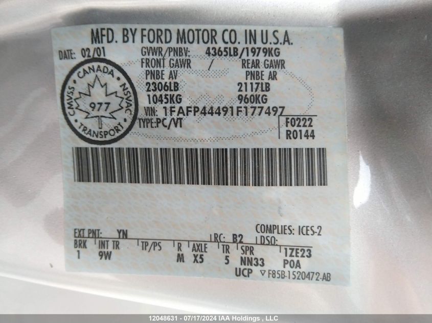 2001 Ford Mustang VIN: 1FAFP44491F177497 Lot: 12048631