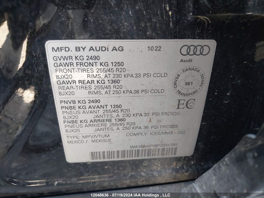 2023 Audi Q5 VIN: WA16AAFY8P2051782 Lot: 12048636