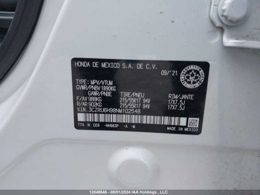 2022 Honda Hr-V VIN: 3CZRU6H98NM102548 Lot: 12048646