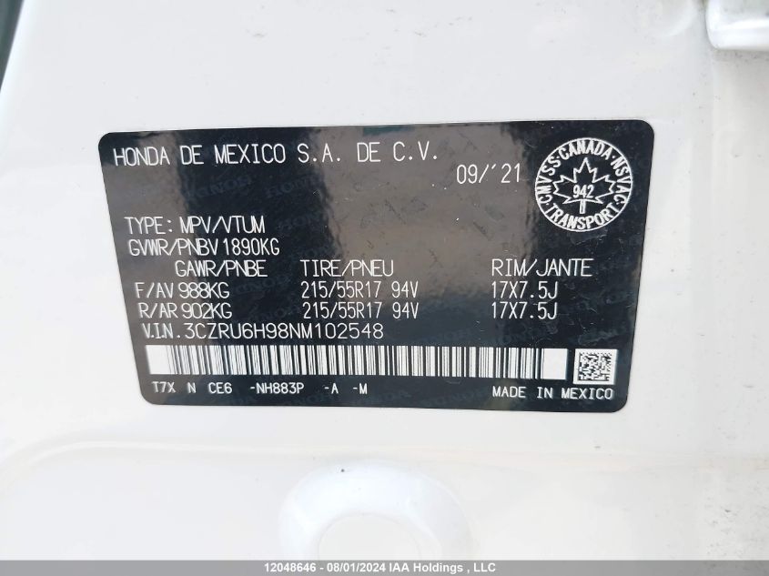 2022 Honda Hr-V VIN: 3CZRU6H98NM102548 Lot: 12048646