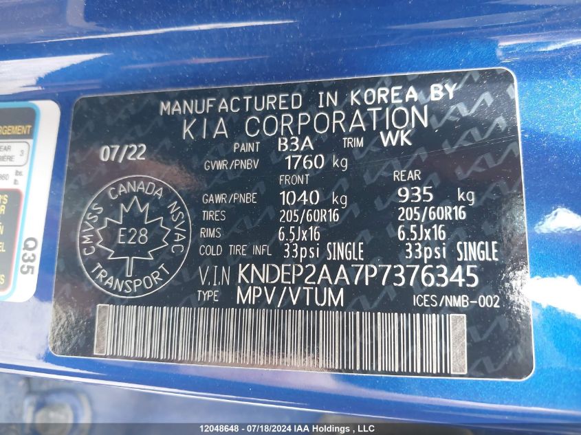 2023 Kia Seltos VIN: KNDEP2AA7P7376345 Lot: 12048648