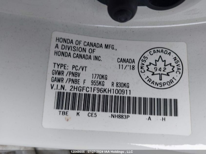 2019 Honda Civic VIN: 2HGFC1F96KH100911 Lot: 12048655