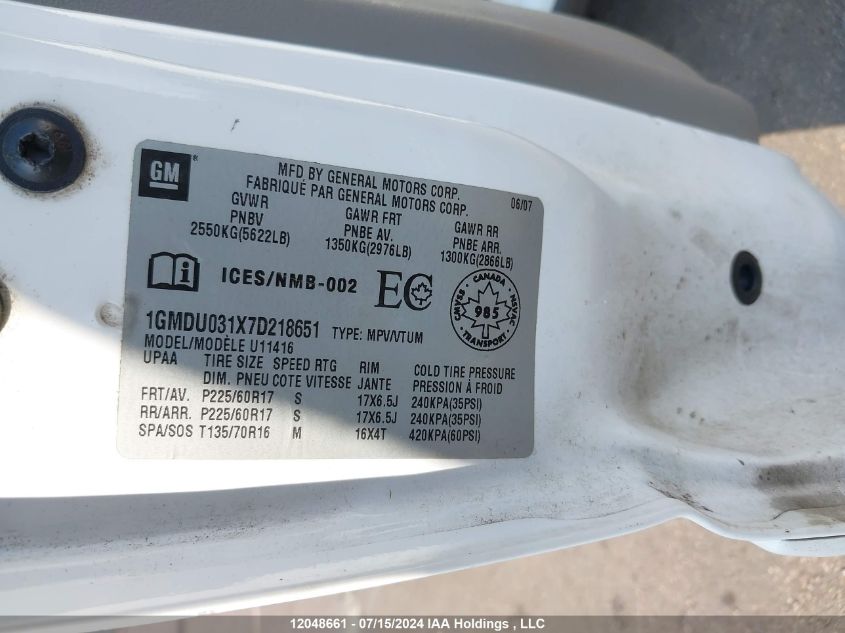 2007 Pontiac Montana Sv6 VIN: 1GMDU031X7D218651 Lot: 12048661