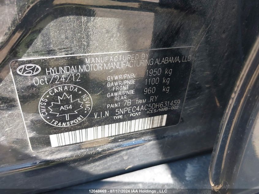 2013 Hyundai Sonata VIN: 5NPEC4AC5DH631459 Lot: 12048669