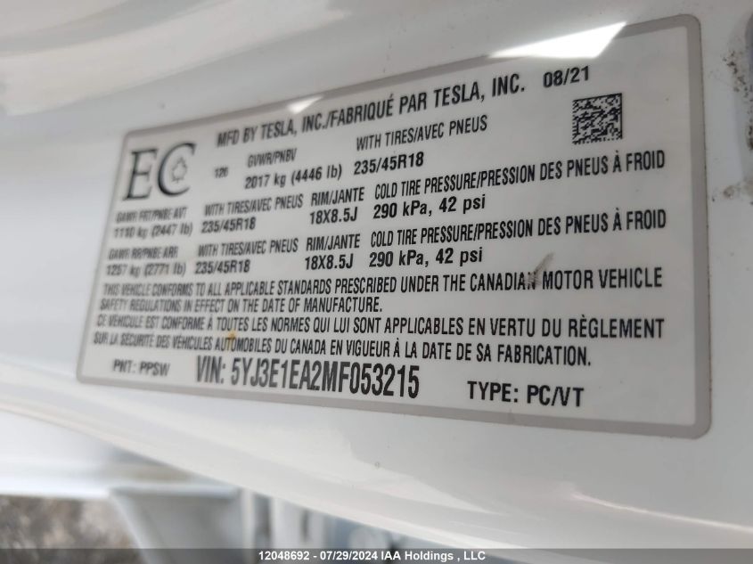 2021 Tesla Model 3 VIN: 5YJ3E1EA2MF053215 Lot: 12048692