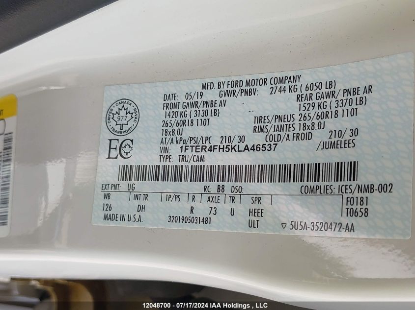 2019 Ford Ranger Lariat VIN: 1FTER4FH5KLA46537 Lot: 12048700