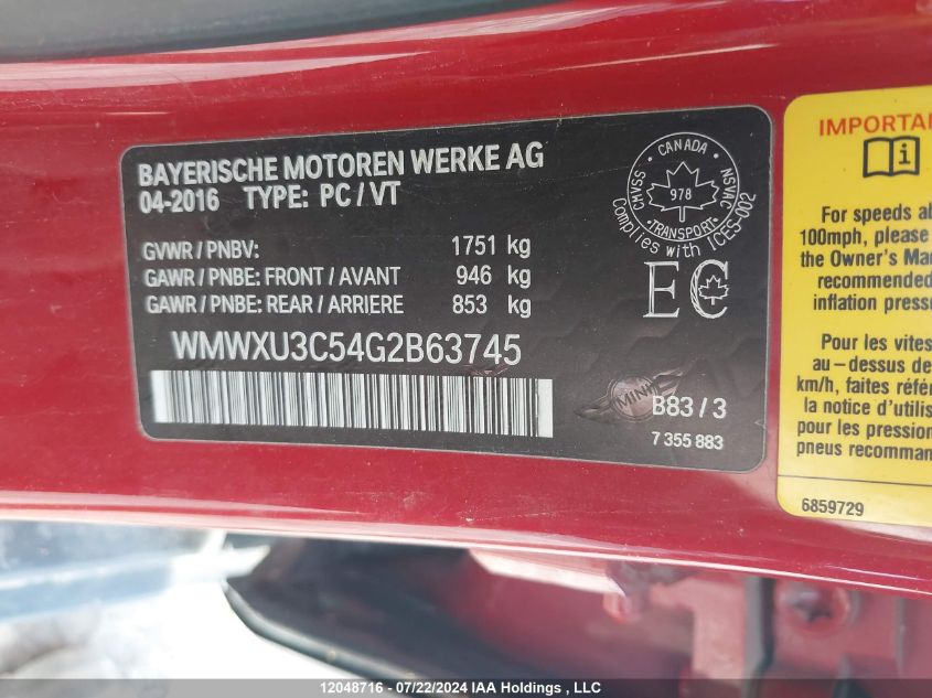2016 Mini Cooper S VIN: WMWXU3C54G2B63745 Lot: 12048716