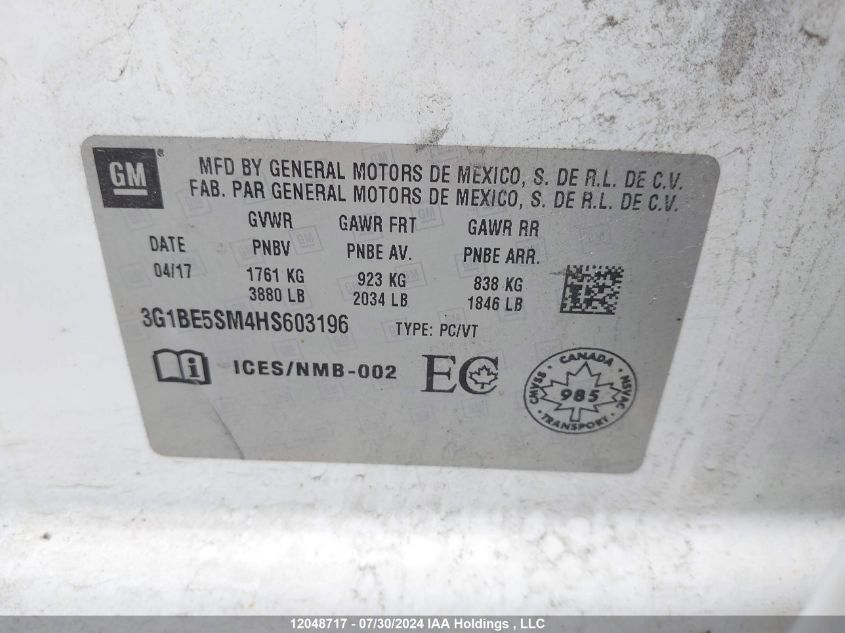 2017 Chevrolet Cruze VIN: 3G1BE5SM4HS603196 Lot: 12048717